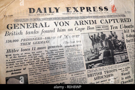 La Deuxième Guerre mondiale Seconde Guerre mondiale en gros titre de journal Daily Express "Général Von Arnim capturé' 'Hitler perd plus de 11 generals' England UK 13 Mai 1943 Banque D'Images