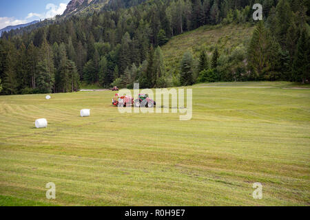 Tracteur agricole stacking hay bales in Forni di Sopra, Italie Banque D'Images