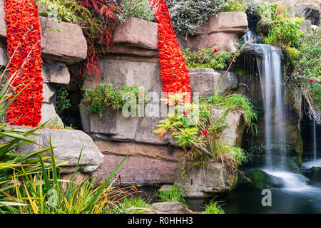 À pied madère cascade à Ramsgate, dans le Kent avec un hommage de coquelicots pour le 100e anniversaire de la fin de la première guerre mondiale. Deux longues de gouttelettes de coquelicots tricoté pendant vers le bas sur les rochers, avec une cascade à côté. Banque D'Images