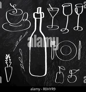 Un ensemble de vecteur de la nourriture et des boissons, les icônes d'art de la ligne à la main, sur un fond noir texture, éléments de conception pour un menu et une carte des vins Illustration de Vecteur