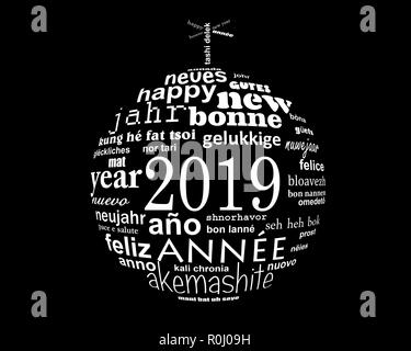 Nouvel an 2019 nuage de mots de texte multilingue dans la forme d'une boule de noël Banque D'Images