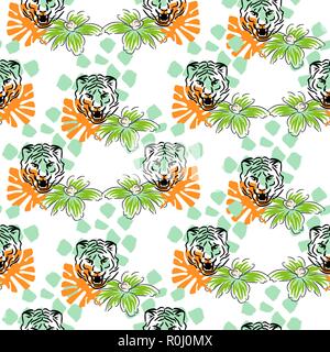 Motif transparent vecteur avec tiger généraux et des fleurs blanches sur fond pointillé. Dessins de tissu pour t-shirts et blouses. Illustration de Vecteur