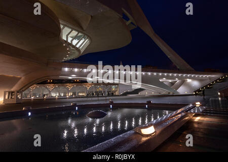 Palau de les Arts Reina Sofia, au crépuscule, l'opera house et centre culturel à Valence, en Espagne, par l'architecte Santiago Calatrava, Banque D'Images