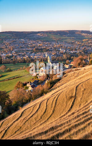 Selsley village. Vue de selsley communs à l'ensemble de la vallée de stroud en automne au coucher du soleil. Selsley, Cotswolds, Gloucestershire, Royaume-Uni Banque D'Images