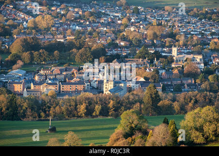 Vue sur le quartier de Stroud Ebley selsley communs à l'ensemble de la vallée de stroud en automne au coucher du soleil. Vue du commun selsley, Cotswolds, Gloucestershire, Royaume-Uni Banque D'Images
