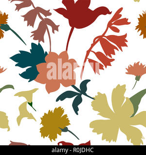 Silhouettes de différentes fleurs et feuilles à la main.Vector floral seamless background pattern pour papier peint, impressions textiles, tissu. Banque D'Images