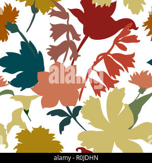 Silhouettes de différentes fleurs et feuilles à la main.Vector floral seamless background pattern pour papier peint, impressions textiles, tissu. Banque D'Images