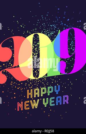 2019. Bonne Année. Carte de souhaits avec arc-en-ciel colorés Illustration de Vecteur