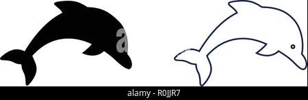 Dolphin simple icône. Rempli et contour bleu, version avec les yeux. Illustration de Vecteur