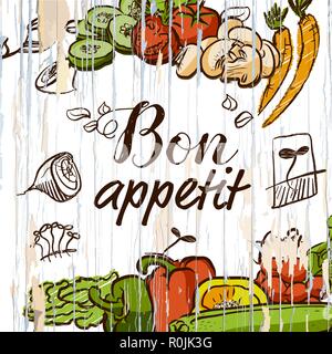 Bon appétit les légumes sur le bois. Vector illustration alimentaire. Illustration de Vecteur