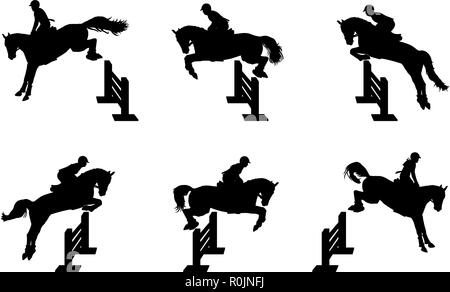 Jeu de silhouettes de cavaliers Cheval sautant par-dessus un obstacle dans la compétition ou l'entraînement Illustration de Vecteur