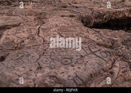 Petroglyphs in Waikoloa, sur le sentier du Roi (amalahoa «'), près de Kona sur la grande île d'Hawaï. Sculpté dans la roche volcanique. Banque D'Images