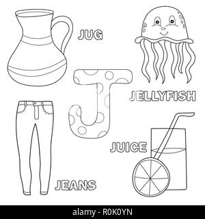 Lettre alphabet mignon J avec des illustrations et des mots Fiche imprimable Illustration de Vecteur