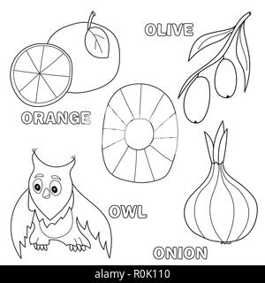 Alphabet Kids Coloring Book page avec clip arts. décrit la lettre O Illustration de Vecteur