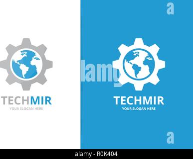 Monde vecteur vitesse et combinaison de logo. Terre et mécanicien d'un symbole ou d'icône. Globe unique et modèle de conception de logotype industrielle. Illustration de Vecteur