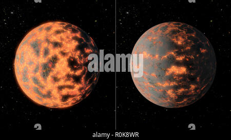 Super-Earth 55 Cancri e montre un bain partiellement en fusion à la surface de la planète avant et après l'activité volcanique. Banque D'Images
