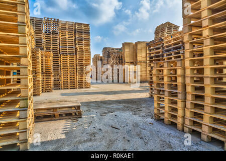 Des piles de type euro palettes de fret à un domaine d'activités de recyclage Banque D'Images