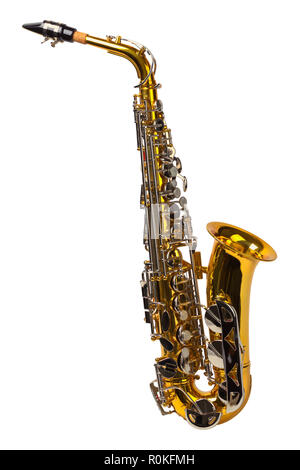 Voir fo côté Saxophone or isolé sur un fond blanc. Banque D'Images