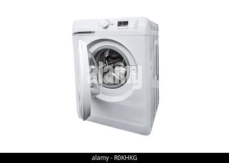 Machine à laver moderne générique avec un baril ouvert isolé sur fond blanc Banque D'Images