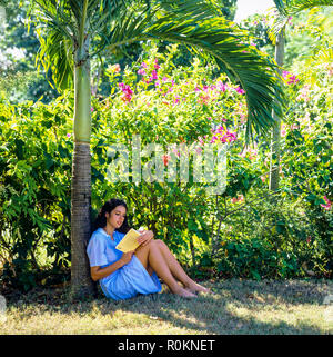 Jeune femme assise dans un jardin tropical et la lecture d'un livre, la Guadeloupe, French West Indies, Banque D'Images