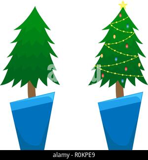 Vecteur de deux arbres de Noël. Avant de décorer l'arbre de Noël et après avec des décorations de Noël. Illustrations isolées. Illustration de Vecteur