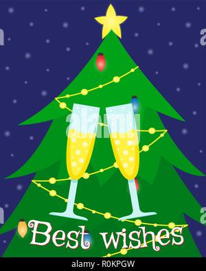 Carte de souhaits avec un arbre de Noël et des verres de champagne. Meilleurs voeux. Télévision cartoon illustration. Illustration de Vecteur