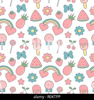 Été tropical mignon vecteur illustration de fond transparent avec les papillons, fleurs, fruits frais, des arcs-en-ciel, sucette, glace et star Illustration de Vecteur