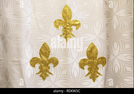 Tissu fleur de lys, détail d'une ville d'or, décoration textile Banque D'Images