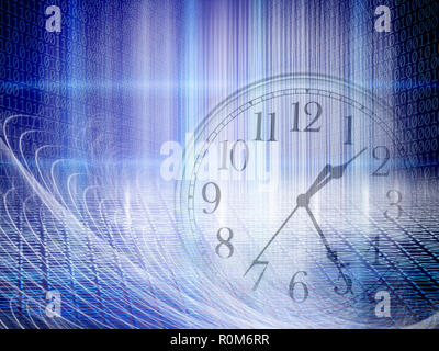 La technologie et de l'image conceptuelle du temps d'un code binaire avec horloge et lumières abstraites Banque D'Images