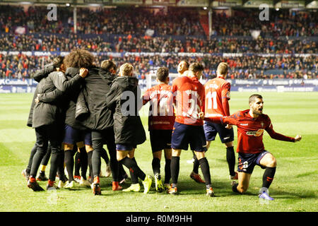 L'équipe d'Osasuna vu célébrer leur but durant le football espagnol de La Liga 123 Correspondance entre Osasuna et Málaga CF a l'Sadar stadium. (Score final 2-1 Osasuna Malaga CF) Banque D'Images