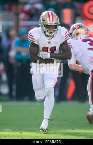 21 octobre 2018 : San Francisco 49ers wide receiver Marquise Goodwin (11) en action au cours de la NFL football match entre les Los Angeles Rams et les San Francisco 49ers à Levi's Stadium à Santa Clara, CA. Les Béliers défait les 49ers 39-10. Damon Tarver/Cal Sport Media Banque D'Images