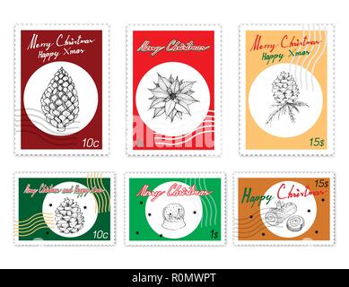 Joyeux Noël, timbres série de croquis dessinés à la main, l'illustration de différents style de Snow Globe, bûche de Noël, gâteaux de Noël étoile Pin et le maïs. Soupir pour Illustration de Vecteur