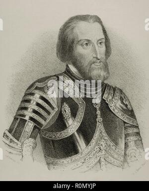 Hernán Cortés (Medellín, provincia de Badajoz, 1485-Castilleja de la Cuesta, provincia de Sevilla, 1547). Conquistador español que inició la expedición de la conquista de Mexico. El nuevo territorio pasaría une denominarse Nueva España. Dibujo por J. Cebrián. Litografía. Retrato. Crónica general de España, Historia Ilustrada Descriptiva y de sus Provincias. L'Estrémadure, 1870. Biblioteca Histórico Militar de Barcelone. Islas Baleares, España. Banque D'Images