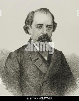 Adelardo López de Ayala (1828-1879). Dramaturgo, Académico y político español. Adscrito al realismo literario. Être membre de la Real Academia de la Lengua. Ministro de Ultramar durarante el Sexenio Democrático y la Restauración. Dibujo por Berr. Litografía. Retrato, detalle. Crónica general de España, Historia Ilustrada Descriptiva y de sus Provincias. L'Estrémadure, 1870. Biblioteca Histórico Militar de Barcelone. Islas Baleares, España. Banque D'Images