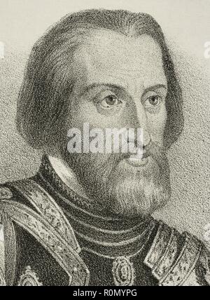 Hernán Cortés (Medellín, provincia de Badajoz, 1485-Castilleja de la Cuesta, provincia de Sevilla, 1547). Conquistador español que inició la expedición de la conquista de Mexico. El nuevo territorio pasaría une denominarse Nueva España. Dibujo por J. Cebrián. Litografía. Retrato, detalle. Crónica general de España, Historia Ilustrada Descriptiva y de sus Provincias. L'Estrémadure, 1870. Biblioteca Histórico Militar de Barcelone. Islas Baleares, España. Banque D'Images