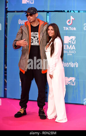 Afrojack et Elettra Lamborghini participant à la MTV European Music Awards 2018 au Bizkaia Arena le 4 novembre, 2018 à Bilbao, en Espagne. Banque D'Images