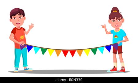 Deux enfants tenant une corde avec des drapeaux de parti vecteur. Illustration Illustration de Vecteur