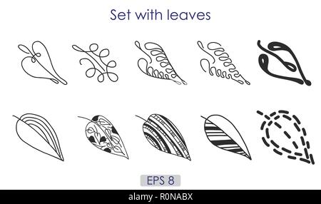 Ensemble de croquis de l'art feuilles vecteur de symboles, intéressant différents contours de feuilles d'arbres, logo, silhouette noire, illustration vectorielle, EPS 8 Illustration de Vecteur