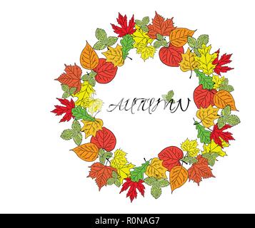 Poster avec motif de feuilles d'automne et l'inscription de l'automne, icône, logo, l'affiche de l'automne, l'arrière-plan, carte postale, illustration vectorielle. EPS 8 Illustration de Vecteur