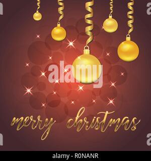 Vector illustration brillante des étoiles et scintille sur fond rouge, avec des décorations de Noël, boules, lettrage main joyeux noël, fond pour gagner Illustration de Vecteur