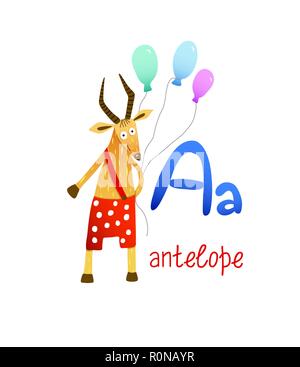 Enfants mignon alphabet zoo une lettre de suivi de l'apprentissage pour les enfants de l'Antilope vocabulaire anglais. Vector illustration Illustration de Vecteur