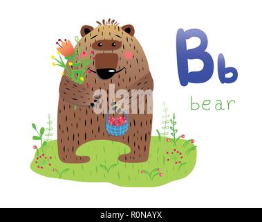 Avec l'illustration vectorielle avec un bouquet de fleurs et une corbeille de fruits à l'automne. Alphabet B, affiche, bannière, logo, carte de vœux, cartoon charact Illustration de Vecteur