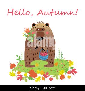 Bonjour automne carte avec personnage ours avec corbeille de fruits et bouquet de fleurs parmi les feuilles mortes, Vector illustration, affiche, b Illustration de Vecteur