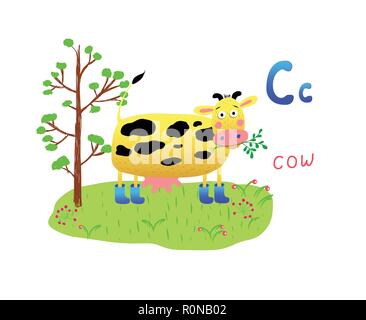 Illustration vecteur lumineux avec de l'herbe de tonte de vache, arbre et lettre Alphabet C C, affiche, bannière, logo, carte de vœux, personnage. EPS 10 Illustration de Vecteur