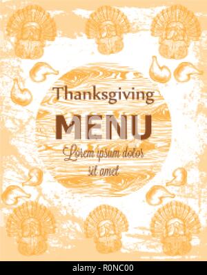 Joyeux thanksgiving card avec la Turquie et les citrouilles vecteur. Art ligne grunge fond illustration détaillée Illustration de Vecteur