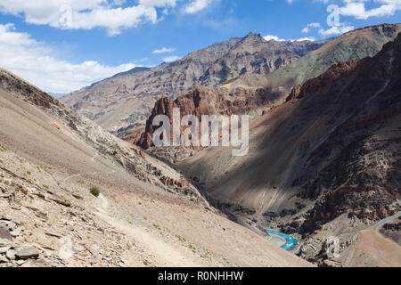 La rivière Tsarap et sentiers menant à Phugtal Gompa : à partir de la Cha (en haut, à gauche de la rivière) et de Purne (en bas, à droite de la rivière) Banque D'Images