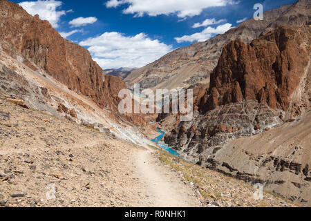 La rivière Tsarap et sentiers menant à Phugtal Gompa : à partir de la Cha (en haut, à gauche de la rivière) et de Purne (en bas, à droite de la rivière) Banque D'Images