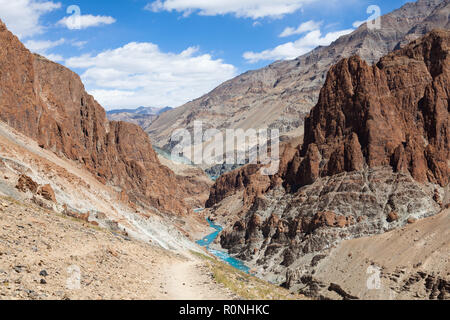 La rivière Tsarap et sentiers menant à Phugtal Gompa : à partir de la Cha (en haut, à gauche de la rivière) et de Purne (en bas, à droite de la rivière) Banque D'Images