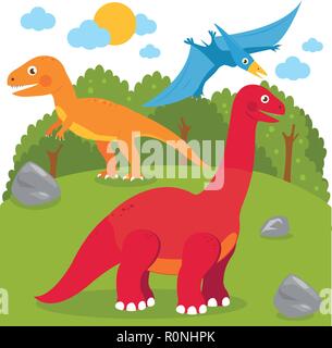 Paysage préhistorique avec des dinosaures. Animaux de l'âge de pierre, ptérodactyl et tyrannosaurus. Illustration vectorielle Illustration de Vecteur