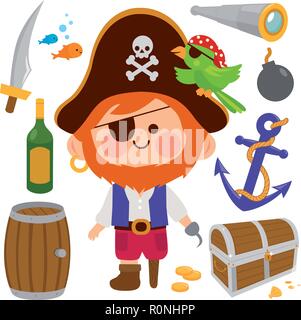 Capitaine pirate barbu de dessin animé avec un crochet et une jambe en bois. Crochet de capitaine avec trésor. Jeu d'illustrations vectorielles Illustration de Vecteur